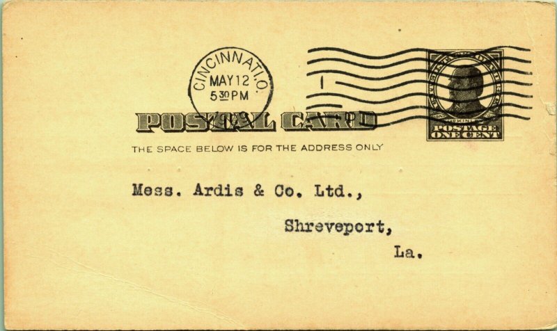 Procter Gamble Co Ohio 1909 Soap Order Postal Card Ardis Co Shreveport LA