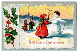 1908 Christmas Snowman Children Holly Berries Winter Snow Embossed Postcard 