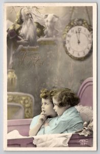 New Year Greetings RPPC Father Time Bunny Children Tinted Photo Postcard U27