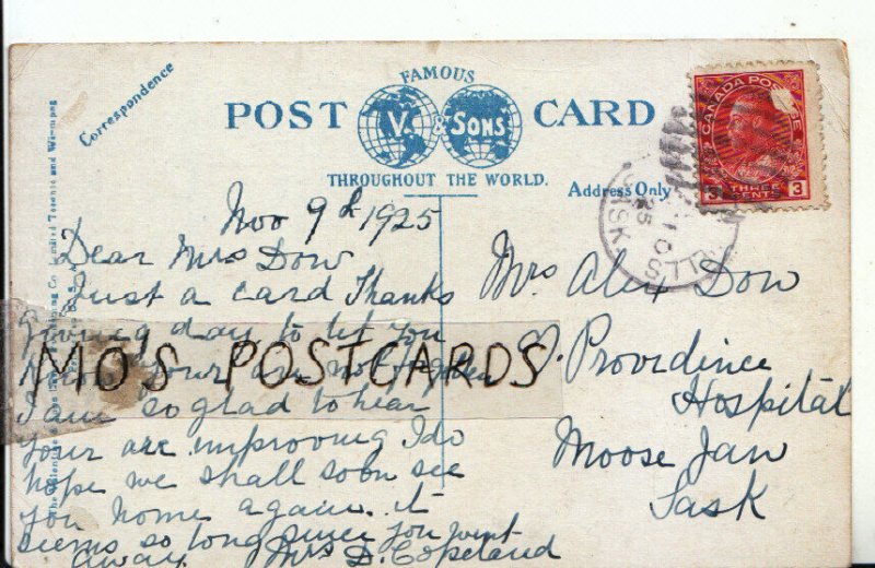 Genealogy Postcard - Dow - c/- Providince Hospital, Moose Jaw, Sask - Ref 8047A