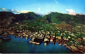 Honolulu Hawaii Harbor Aerial View Punchbowl National Cemetery Postcard