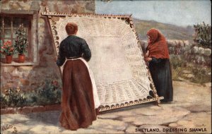 Tuck Shetland Scotland Dressing Shawls Women Weaving c1910 Vintage Postcard
