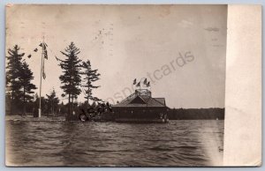 K32/ Gloversville New York RPPC Postcard c1910 Lake Scene Pavilion Flags 495