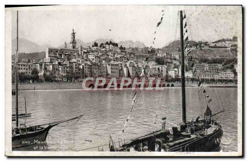 Old Postcard Menton Harbor and Old Town Boat