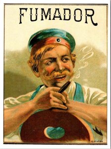 REPRO European CIGAR BOX TOP LABEL~FUMADOR  Man Smoking 4X6 Advertising Postcard