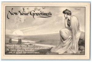 1914 New Year Greetings Woman Good Bye Old Year Sunshine Gibson Antique Postcard