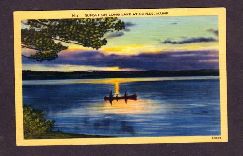 ME Sunset Long Lake NAPLES MAINE Linen Postcard