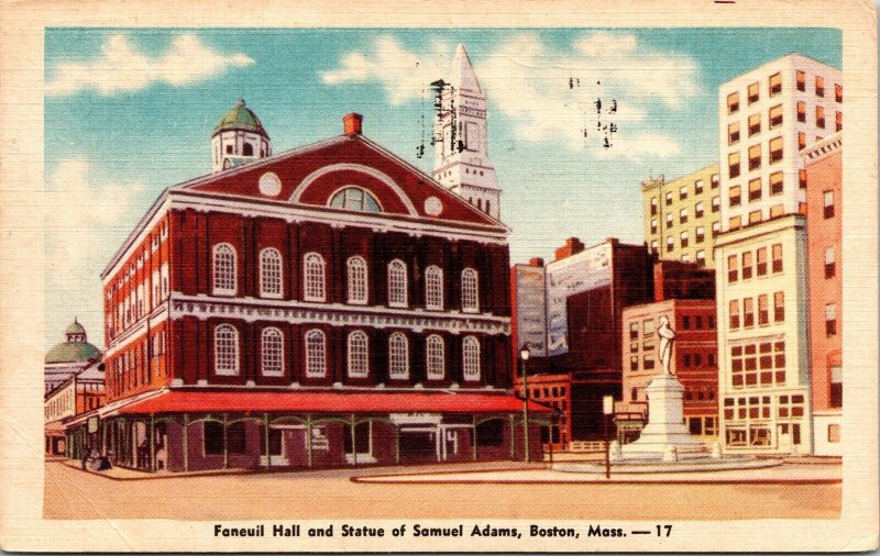 Faneuil Hall Statue Samuel Adams Boston Massachusetts MA Linen Postcard Cancel 