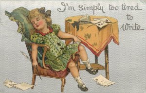 BB London Postcard E75 Exhausted Little Girl Is Too Tired To Write, Rests