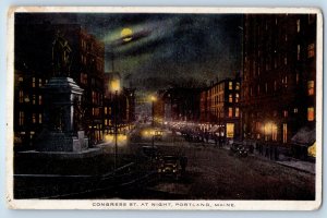1910 Portland Maine Postcard Congress St. Night Building Statue Sculpture Posted