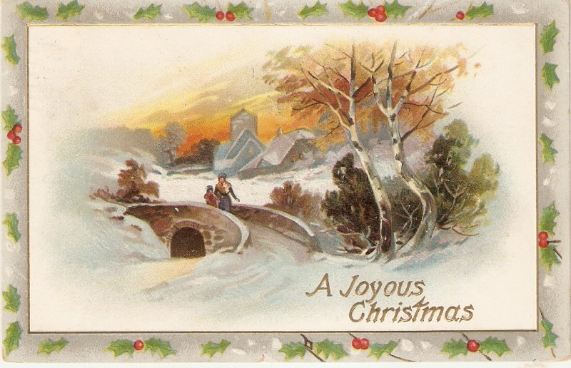 Wingter landscape. Figures in bridge Tuck Christmas Greetings PC # 519