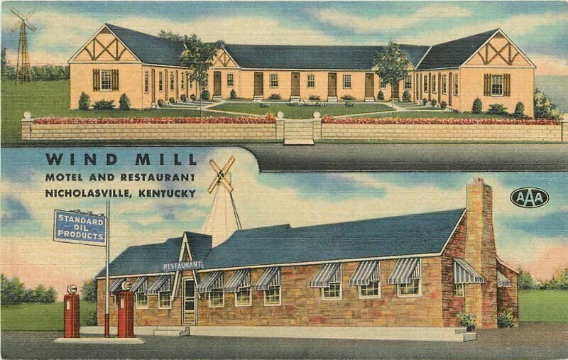 Nicholasville Kentucky Wind Mill Motel Restaurant roadside linen Postcard 22-777