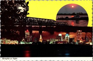 Memphis Tennessee~Skyline Night~River Boat~Bridge~Continental Postcard CB7