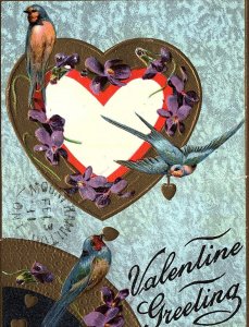 1911 VALENTINE GREETING BLUEBIRDS GILDED HEARTS EMBOSSED POSTCARD 44-147