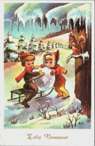 Happy New Year Children With Big Snowball And Squirrel Vintage Postcard C182