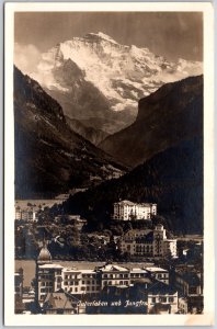 Interlaken und Jungfrau Summit in Switzerland Mountain Real Photo RPPC Postcard