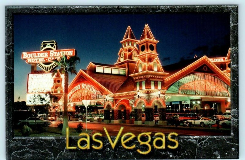 LAS VEGAS, NV ~ Night Neon BOULDER STATION HOTEL CASINO 1997 ~ 4x6 Postcard