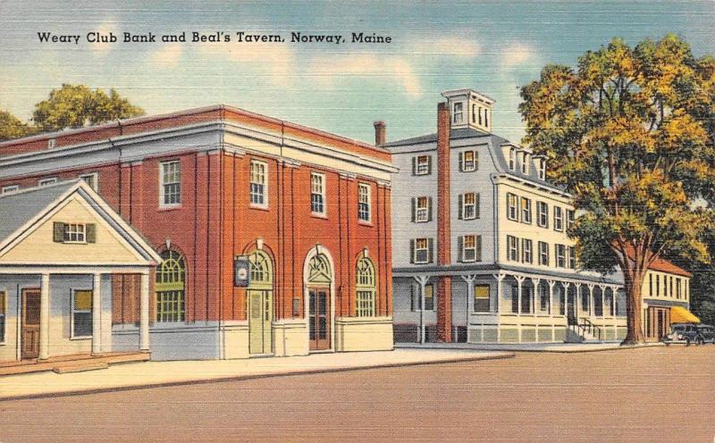 NORWAY, ME Maine  WEARY CLUB BANK & BEAL'S TAVERN c1940's Tichnor Linen Postcard