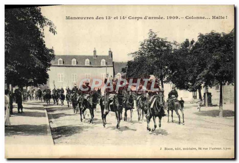 Old Postcard Army Maneuvers 13 and 14th body & # 1909 Column halt 39armee