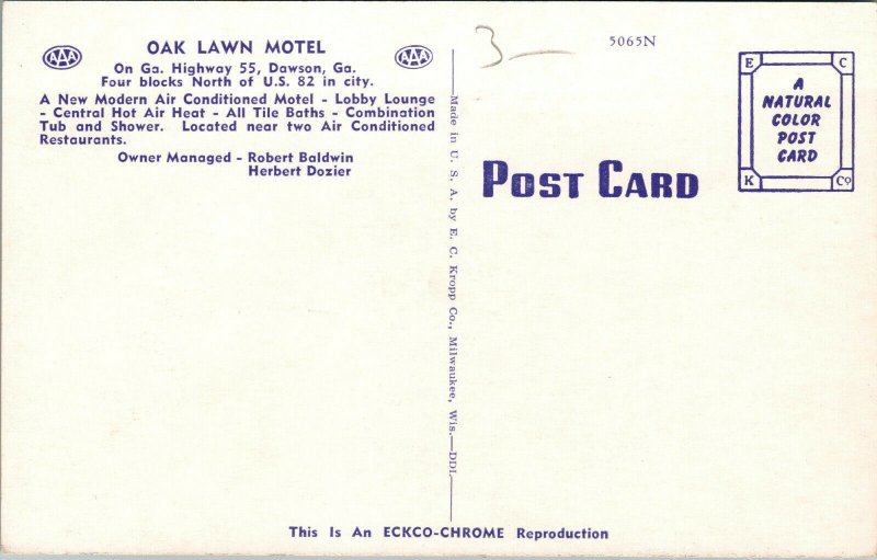 Vtg Oak Lawn Motel Highway 55 Dawson Georgia GA Roadside Postcard