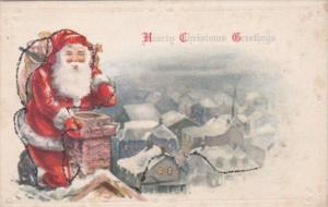 Christmas Greetings Santa Claus Climbing Into Chimney