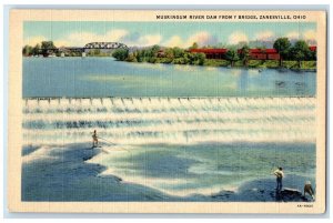 c1940 Muskingum River Dam Fishing Water Falls Bridge Zanesville Ohio OH Postcard