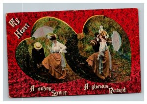 Vintage 1910's Postcard Lovers Kiss in Park Willing Service Glorious Reward