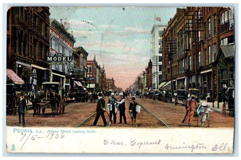 1906 Adams Street Looking North Streetcar  Peoria Illinois IL Tuck Sons Postcard