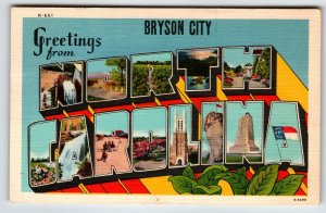 Greetings From Bryson City North Carolina Large Big Letter Linen Postcard 1954