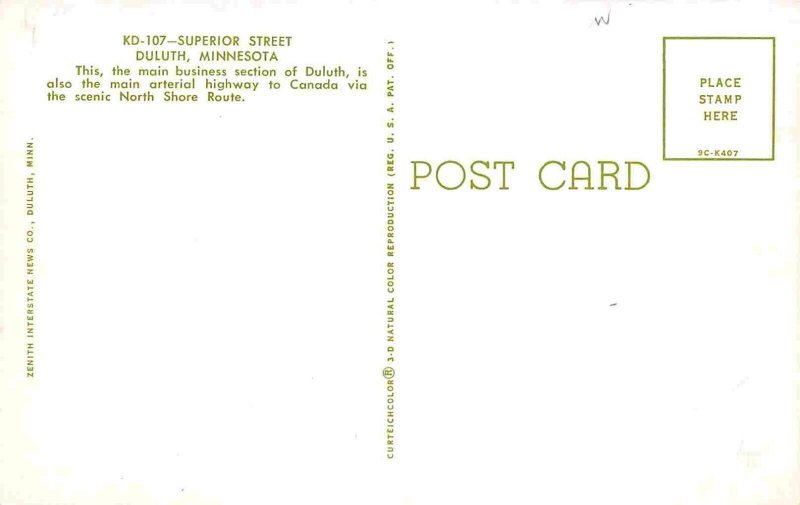 Superior Street Duluth Minnesota 1950s postcard