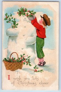 Gibson Postcard Christmas Boy Putting Berries Crown Snowman Winter Scene c1910's