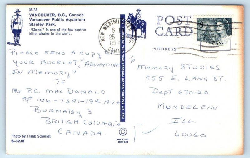 VANCOUVER, B.C. Canada ~ SKANA the KILLER WHALE at AQUARIUM 1972  Postcard