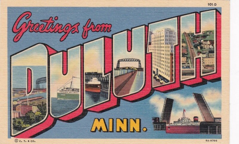 Minnesota Greetings From Duluth Large Letter Linen Curteich sk6956