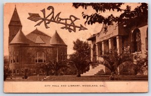 City Hall and Library Woodland, California postcard