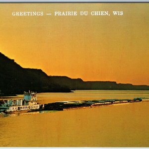 c1960s Prairie du Chien, Wis. Greetings from Mississippi Tow Boat Sunset PC A240