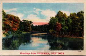 Postcard NY Chautauqua County Greetings from Sherman LINEN Fall View 1950 B1