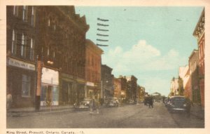 Vintage Postcard 1948 King Street Shops Restaurants Prescott Ontario Canada