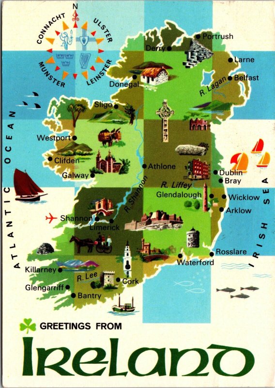 VINTAGE CONTINENTAL SIZE POSTCARD GREETINGS FROM IRELAND MAILED 1986