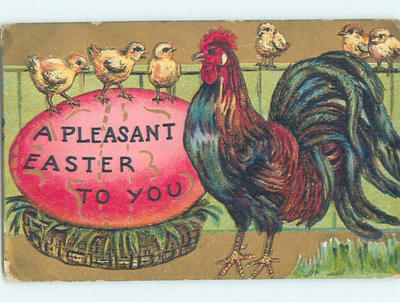 Pre-Linen easter COLORFUL ROOSTER AND CHICKS WITH BIG PINK EGG HL0696