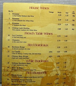 Vintage 1978 Anchor Hotels Wine List Menu