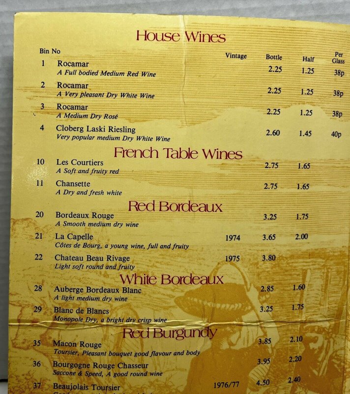Vintage 1978 Anchor Hotels Wine List Menu