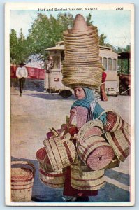 Ensenada BC Mexico Postcard Hat and Basket Vendor 1920 Vintage Posted