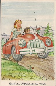 GRUSS AUS Oberstein a.d.Nahe, Leporello, Convertible Car, 1950's, Blonde in Auto