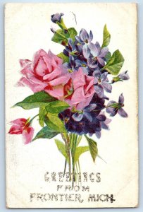 1910 Frontier Michigan MI Vintage Postcard Greetings Flowers Glitter Unposted