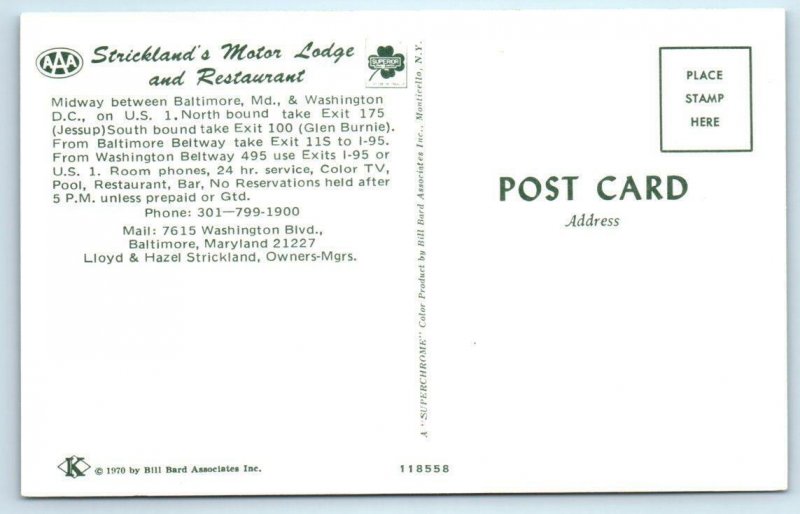 BALTIMORE, MD ~ Roadside STRICKLAND'S MOTOR LODGE Restaurant 1970 Postcard