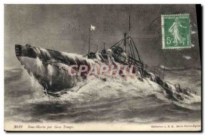 Postcard Old Submarine boat in heavy weather