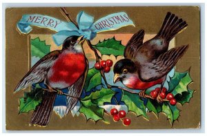 c1910's Christmas Song Birds Holly Berries Blue Ribbon Bamforth Antique Postcard