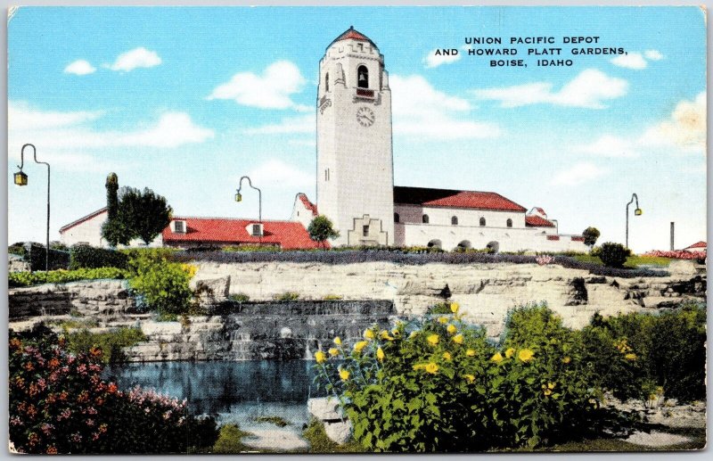 Union Pacilfic Railroad Depot Howard Platt Gardens Boise Idaho ID Postcard