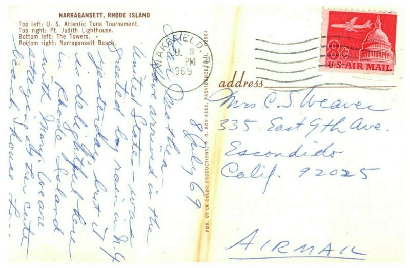 Narragansett Rhode Island Multiview Postcard Posted 1969
