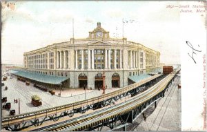 South Station Boston Massachusetts Train Station Trolley Car Postcard 1900s KJ9